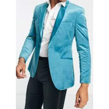 Single Breasted Light Blue Velvet Blazer 